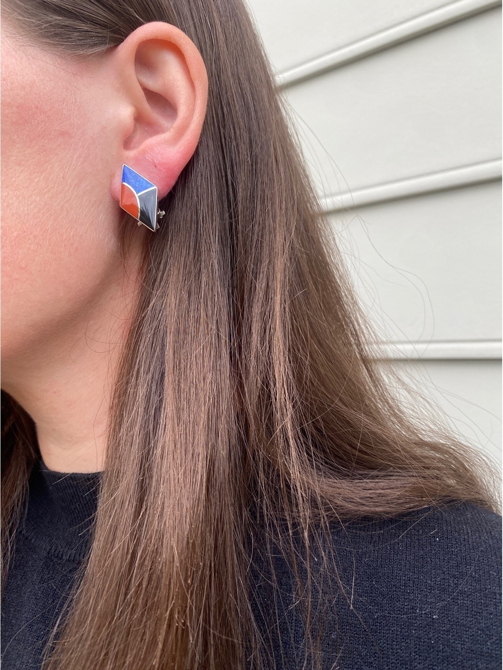 Vintage Sterling Silver Multi Colored Diamond Clip On Earrings